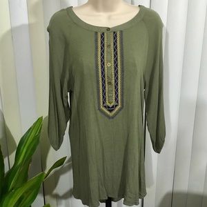 Umgee Henley Embroidered Gauzy Blouse Top